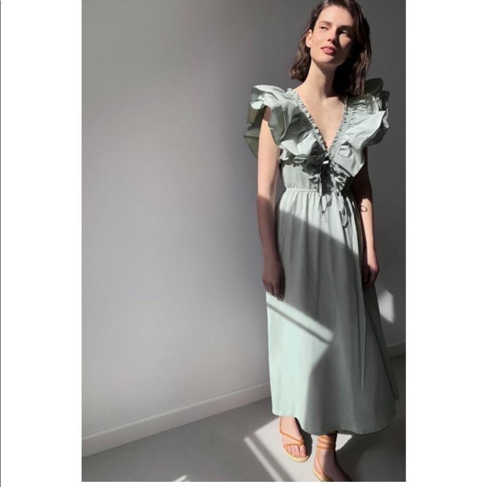 Zara Sage Green Midi Dress With Ruffle Sleeves